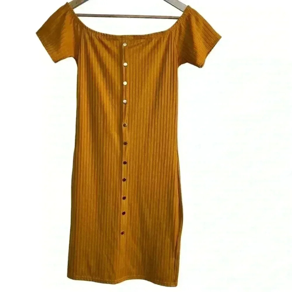 Say What? Mustard Brown Off The Shoulder Ribbed Midi Dress Women Size Medium